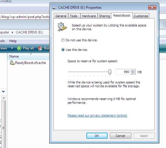 A picture of ReadyBoost Working on my 1GB USB key.