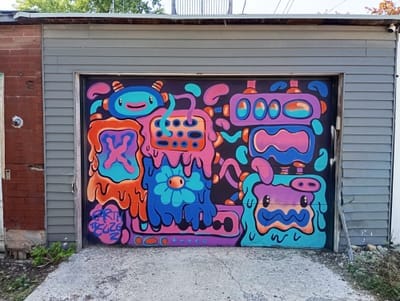 A colourful collage on a garage door