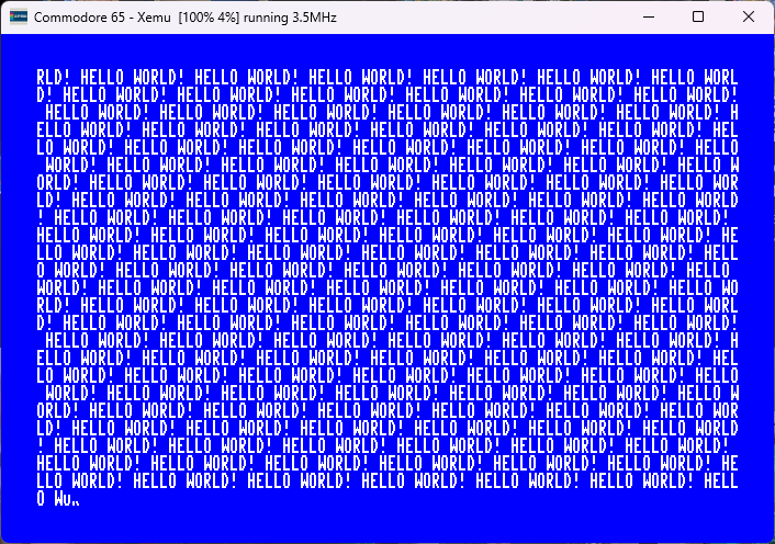 C65 Mega BASIC screen scrolling "Hello World!" over and over