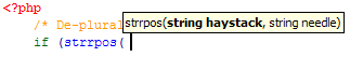 A screenshot of Dreamweaver showing the arguments taken by a function of PHP - needle and haystack (it's a search)
